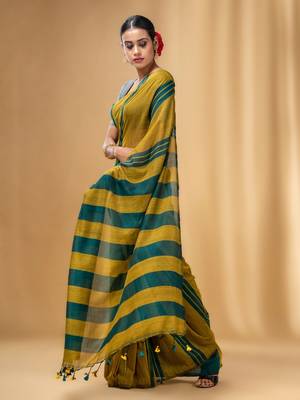 Mustard And Teal Cotton Handwoven Soft Saree With Stripe Pattern 3