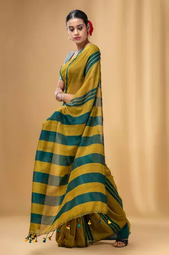 Mustard And Teal Cotton Handwoven Soft Saree With Stripe Pattern