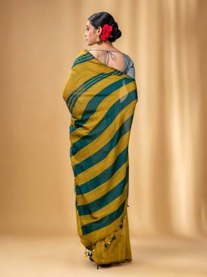Mustard And Teal Cotton Handwoven Soft Saree With Stripe Pattern 4