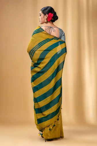 Mustard And Teal Cotton Handwoven Soft Saree With Stripe Pattern