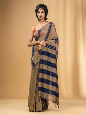 Beige And Blue Cotton Handwoven Soft Saree With Stripe Pattern 1