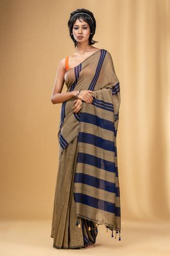 Beige And Blue Cotton Handwoven Soft Saree With Stripe Pattern