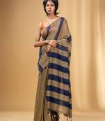 Beige And Blue Cotton Handwoven Soft Saree With Stripe Pattern