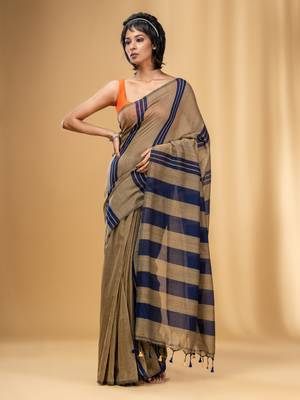Beige And Blue Cotton Handwoven Soft Saree With Stripe Pattern 2