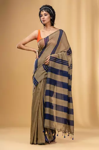 Beige And Blue Cotton Handwoven Soft Saree With Stripe Pattern