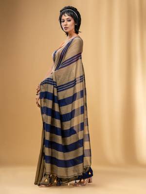 Beige And Blue Cotton Handwoven Soft Saree With Stripe Pattern 3
