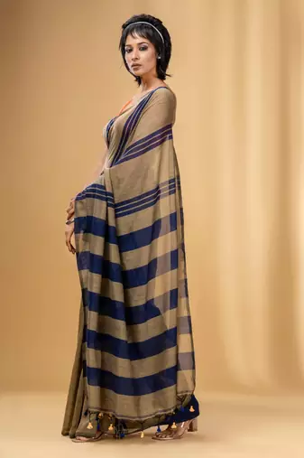 Beige And Blue Cotton Handwoven Soft Saree With Stripe Pattern