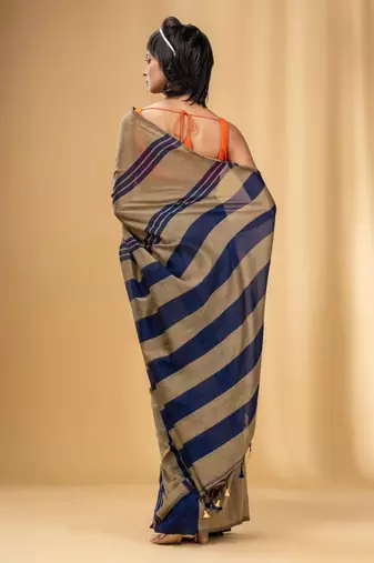 Beige And Blue Cotton Handwoven Soft Saree With Stripe Pattern