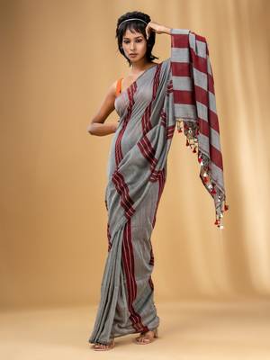 Grey And Red Cotton Handwoven Soft Saree With Stripe Pattern 1