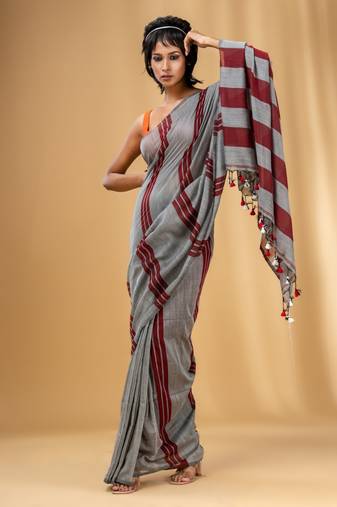 Grey And Red Cotton Handwoven Soft Saree With Stripe Pattern