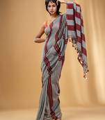 Grey And Red Cotton Handwoven Soft Saree With Stripe Pattern