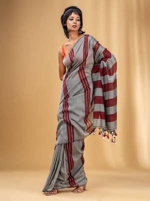 Grey And Red Cotton Handwoven Soft Saree With Stripe Pattern 2