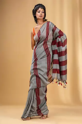 Grey And Red Cotton Handwoven Soft Saree With Stripe Pattern