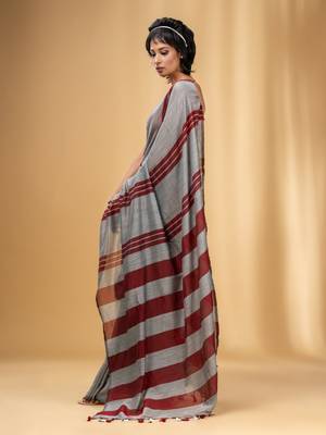Grey And Red Cotton Handwoven Soft Saree With Stripe Pattern 3