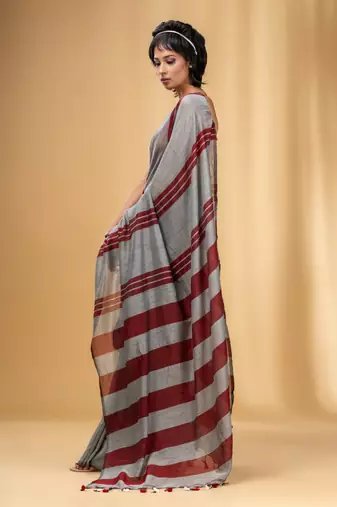 Grey And Red Cotton Handwoven Soft Saree With Stripe Pattern