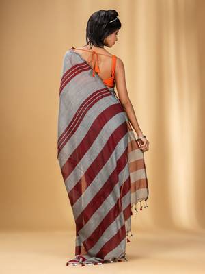 Grey And Red Cotton Handwoven Soft Saree With Stripe Pattern 4