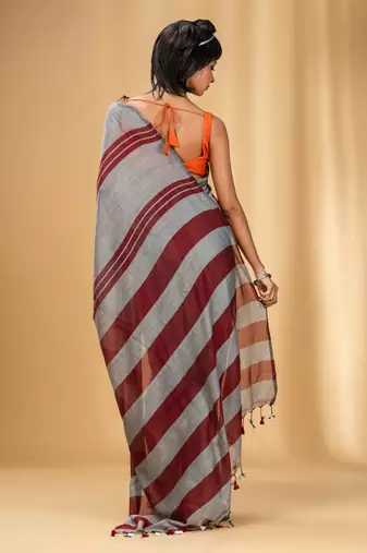 Grey And Red Cotton Handwoven Soft Saree With Stripe Pattern
