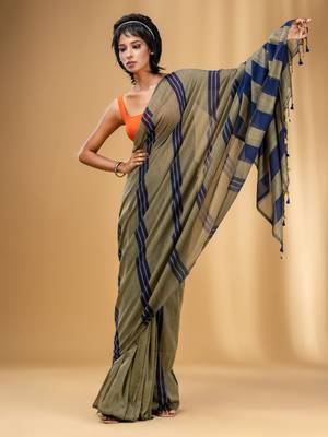 Ecru And Blue Cotton Handwoven Soft Saree With Stripe Pattern 1