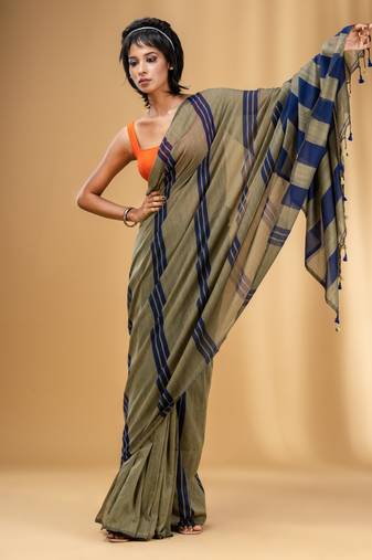 Ecru And Blue Cotton Handwoven Soft Saree With Stripe Pattern
