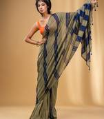Ecru And Blue Cotton Handwoven Soft Saree With Stripe Pattern