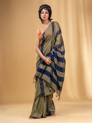 Ecru And Blue Cotton Handwoven Soft Saree With Stripe Pattern 2