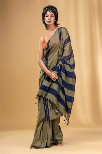 Ecru And Blue Cotton Handwoven Soft Saree With Stripe Pattern