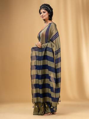 Ecru And Blue Cotton Handwoven Soft Saree With Stripe Pattern 3