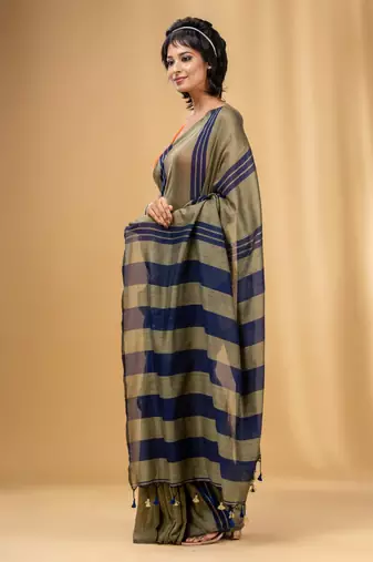 Ecru And Blue Cotton Handwoven Soft Saree With Stripe Pattern