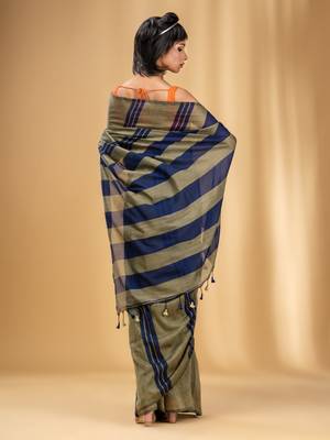Ecru And Blue Cotton Handwoven Soft Saree With Stripe Pattern 4