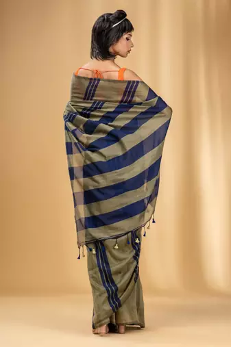 Ecru And Blue Cotton Handwoven Soft Saree With Stripe Pattern