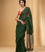 Green Cotton Handwoven Soft Saree With Gheecha Pallu
