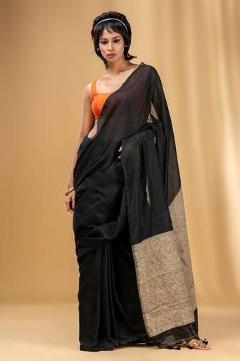 Black Cotton Handwoven Soft Saree With Gheecha Pallu