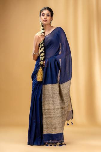 Blue Cotton Handwoven Soft Saree With Gheecha Pallu
