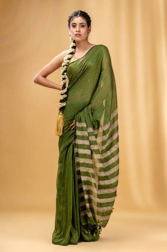 Allover Sequin Weaving Sap Green Cotton Handwoven Saree With Gheecha Stripe Pallu