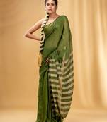 Allover Sequin Weaving Sap Green Cotton Handwoven Saree With Gheecha Stripe Pallu