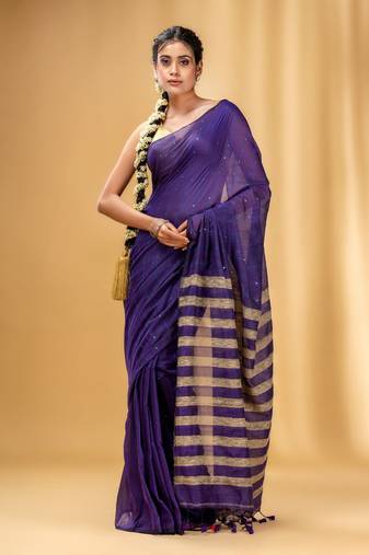 Allover Sequin Weaving Violet Cotton Handwoven Saree With Gheecha Stripe Pallu