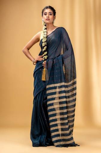 Allover Sequin Weaving Slate Grey Cotton Handwoven Saree With Gheecha Stripe Pallu