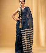 Allover Sequin Weaving Slate Grey Cotton Handwoven Saree With Gheecha Stripe Pallu