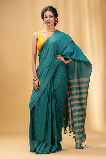 Allover Sequin Weaving Sea Green Cotton Handwoven Saree With Gheecha Stripe Pallu