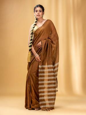 Allover Sequin Weaving Ochre Yellow Cotton Handwoven Saree With Gheecha Stripe Pallu 1