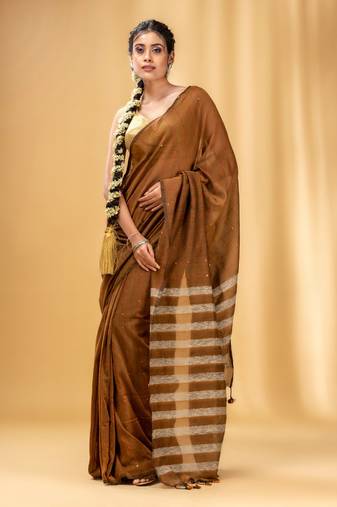 Allover Sequin Weaving Ochre Yellow Cotton Handwoven Saree With Gheecha Stripe Pallu