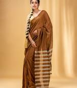 Allover Sequin Weaving Ochre Yellow Cotton Handwoven Saree With Gheecha Stripe Pallu