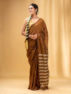 Allover Sequin Weaving Ochre Yellow Cotton Handwoven Saree With Gheecha Stripe Pallu 2