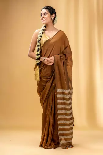 Allover Sequin Weaving Ochre Yellow Cotton Handwoven Saree With Gheecha Stripe Pallu