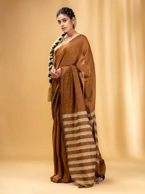 Allover Sequin Weaving Ochre Yellow Cotton Handwoven Saree With Gheecha Stripe Pallu 3