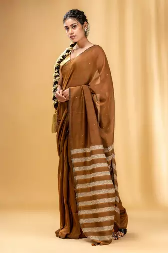 Allover Sequin Weaving Ochre Yellow Cotton Handwoven Saree With Gheecha Stripe Pallu