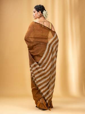 Allover Sequin Weaving Ochre Yellow Cotton Handwoven Saree With Gheecha Stripe Pallu 4