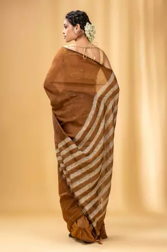 Allover Sequin Weaving Ochre Yellow Cotton Handwoven Saree With Gheecha Stripe Pallu