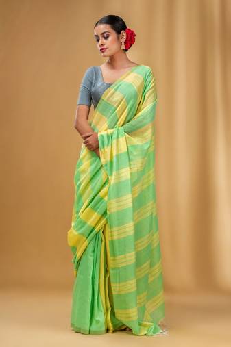 Light Green And Yellow Cotton Handwoven Half N Half Saree With Stripe Pattern