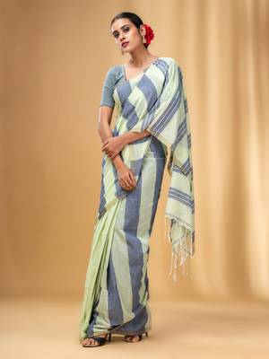 Tea Green And Grey Cotton Handwoven Half N Half Saree With Stripe Pattern 1